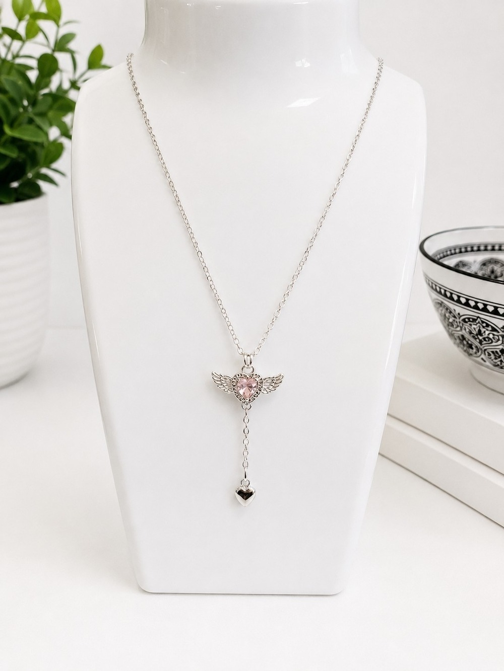 Silver Winged Heart Pendant Necklace with Pink Crystal